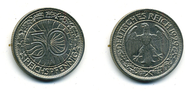 Германия 50 рейхспфеннигов 1929 А KM 49, J. 324 никель 58-525