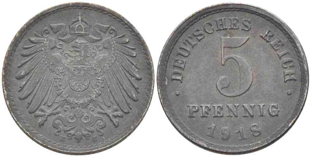 ГЕРМАНИЯ 5 ПФЕННИГОВ 1918 E KM 19, J. 297, Weege 5 железо 206-719