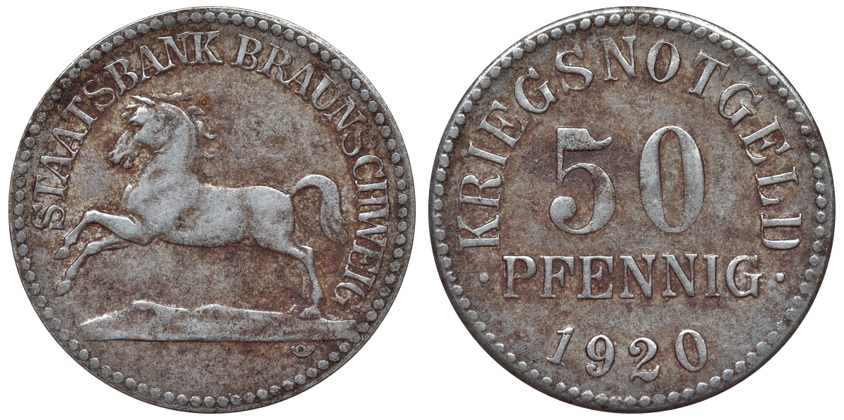 Германия, Брауншвейг 50 пфеннигов 1920 Нижняя Саксония, нотгельд J.N6 железо 4121-535