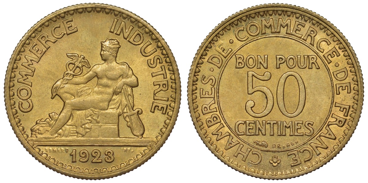 Франция 50 сантимов 1923 тип Chambres de Commerce KM 884, Le Franc 191.6 алюминиевая бронза UNC 4124-338
