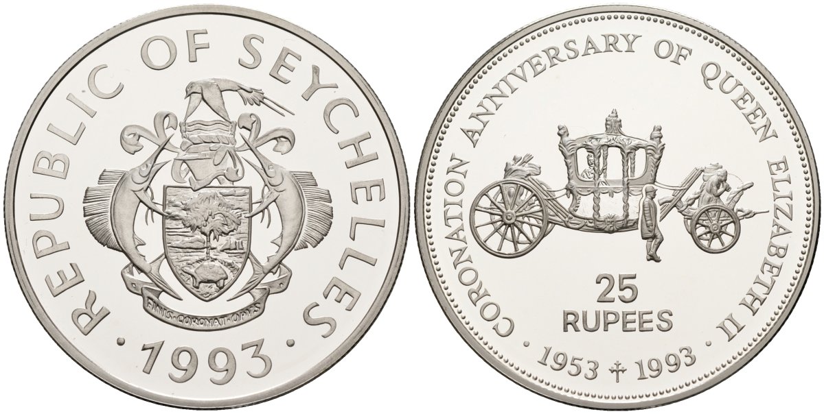 Сейшельские острова 25 рупий 1993 40 лет коронации королевы Елизаветы II (1953-1993), карета, тираж 10000 экз. KM 63 серебро PROOF 1095-10-52
