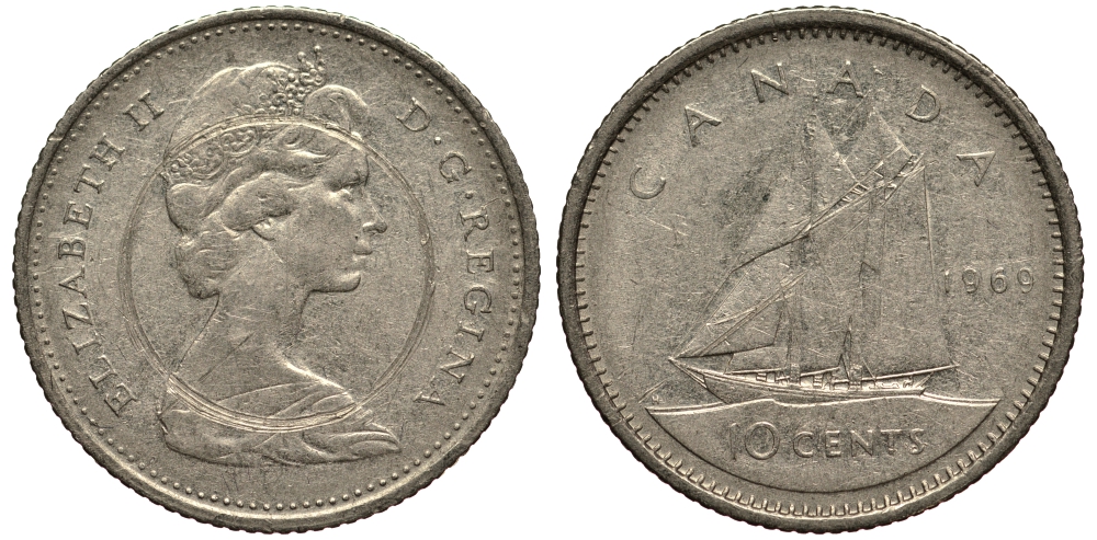 КАНАДА 10 ЦЕНТОВ 1969 ПАРУСНИК, ВЕС 2,07 ГР. KM 77.1 никель F 4181-332