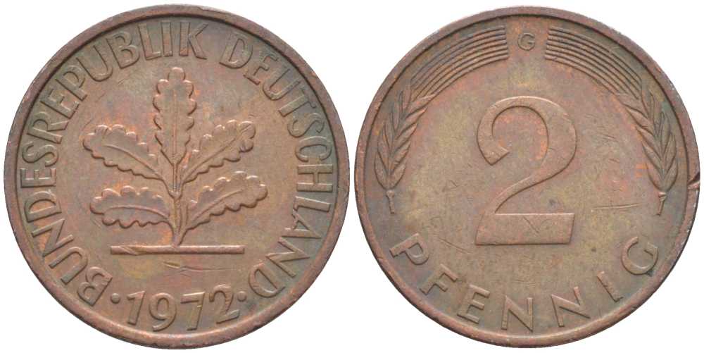 ФРГ 2 ПФЕННИГА 1972 G KM 106a, J. 381a сталь плакированная сталь плакированная медьюю 116-327