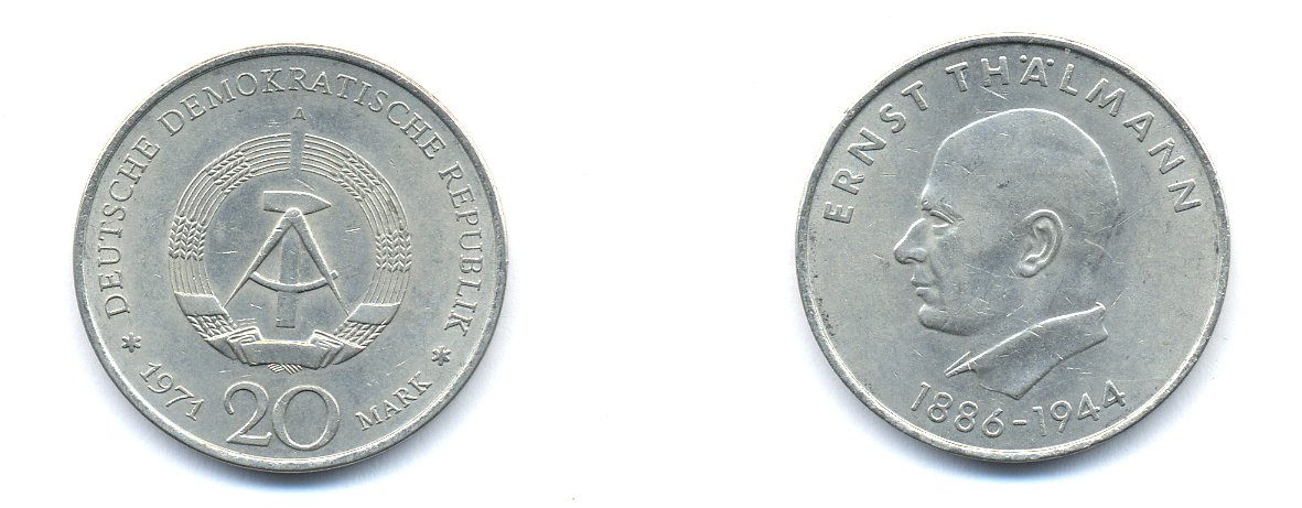 ГДР 20 марок 1971 A, 85 лет со дня рождения Эрнста Тельмана KM 34, J. 1535 медно-никель 3333-622