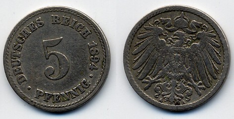 ГЕРМАНИЯ 5 ПФЕННИГОВ 1894 A, KM 11, J. 12 медно-никель 51-5247