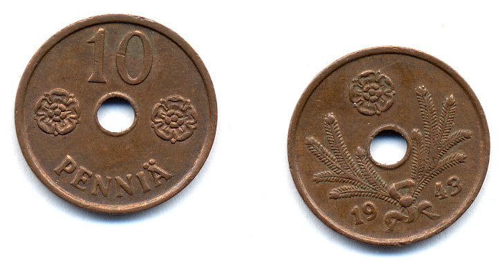 ФИНЛЯНДИЯ 10 ПЕННИ 1943 KM 33.1 медь 51-5029