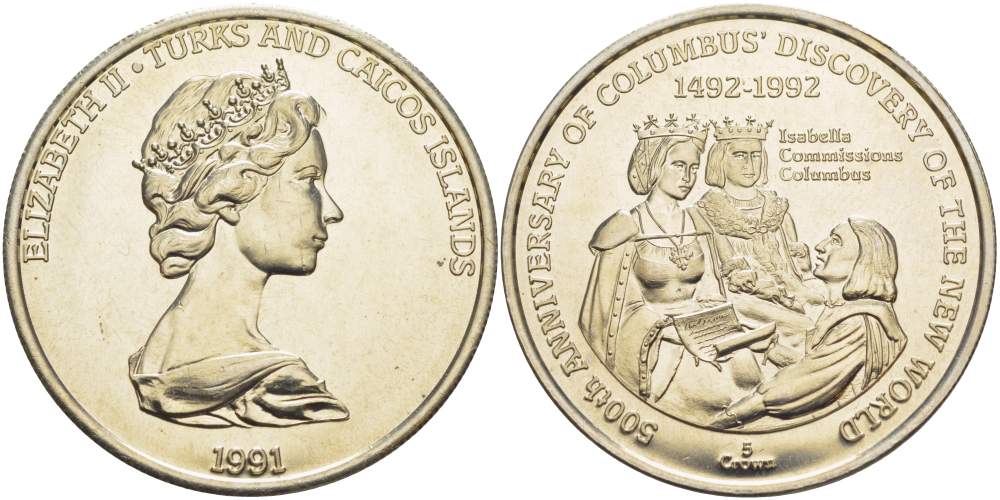 Теркс и Кайкос 5 крон 1991 500 лет открытия Америки, Колумб и королева Изабелла KM 75 медно-никель  UNC 4527-313