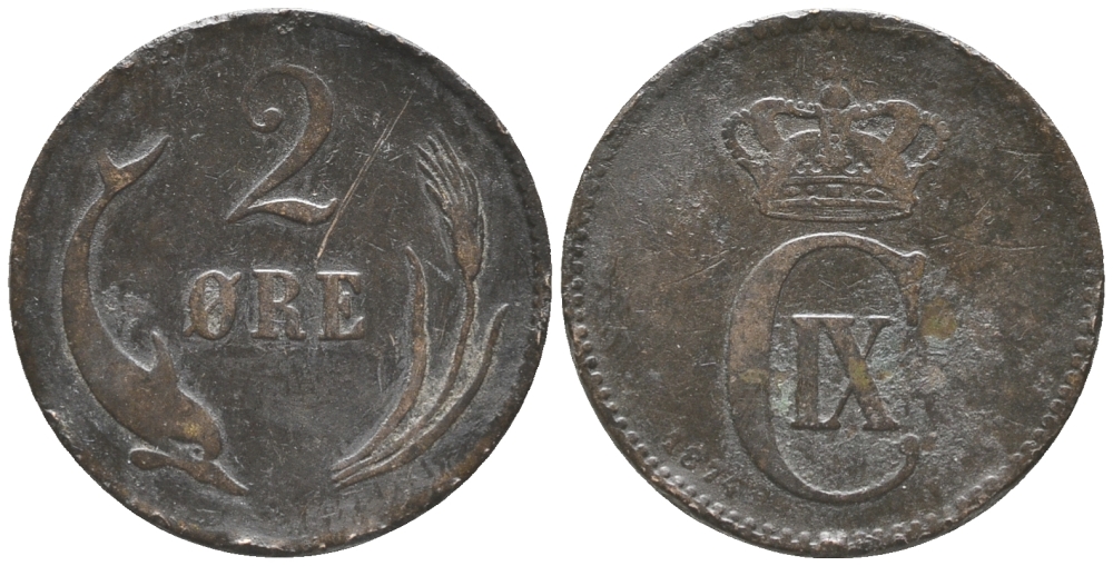 ДАНИЯ 2 ЭРЕ 1874 КРИСТИАН IX (1863-1906) KM 793.1 бронза 34-453