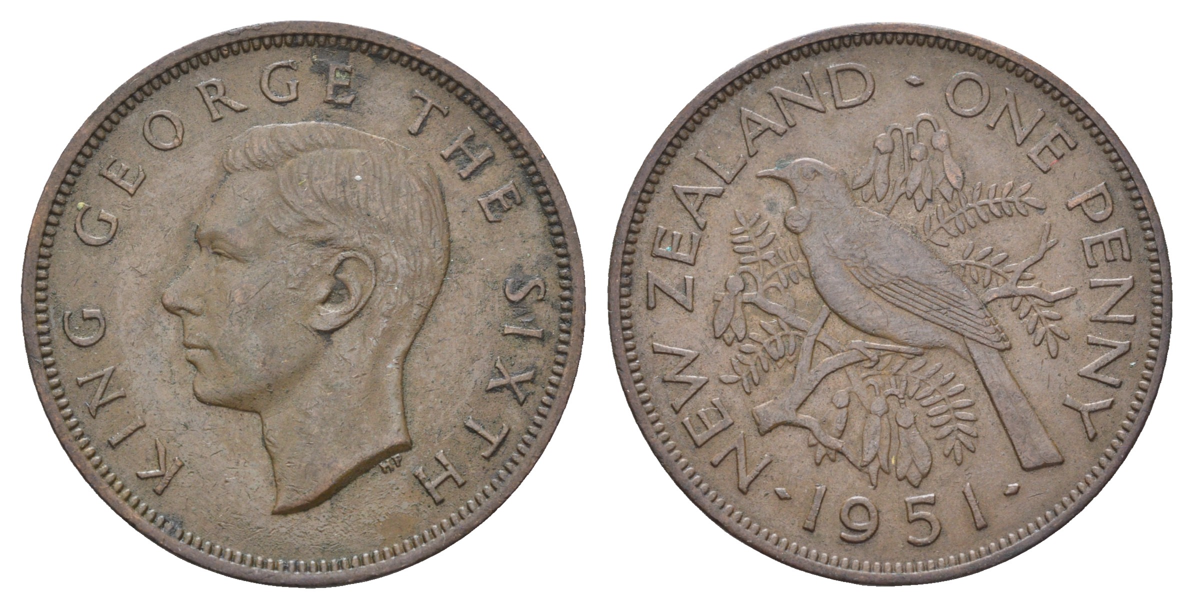 Новая Зеландия 1 пенни 1951 Георг VI (1936-1952), новозеландский туи KM 21 бронза    4512-143