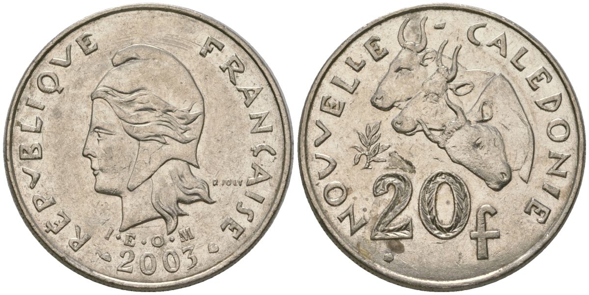 Французская Новая Каледония 20 франков 2003 три быка, (IEOM) KM 12, Schoen 14, Lec 15g никель 4131-631