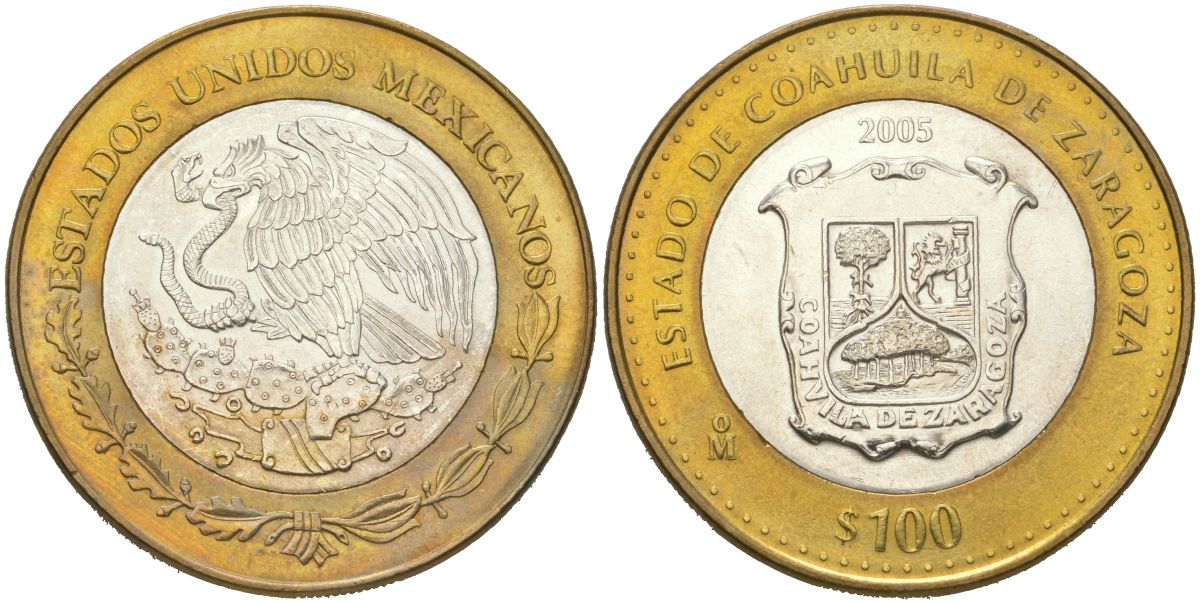 Мексика 100 песо 2005 180 лет Федерации - Коауила KM 752 биметалл, серебро BU 00-1067-7-42