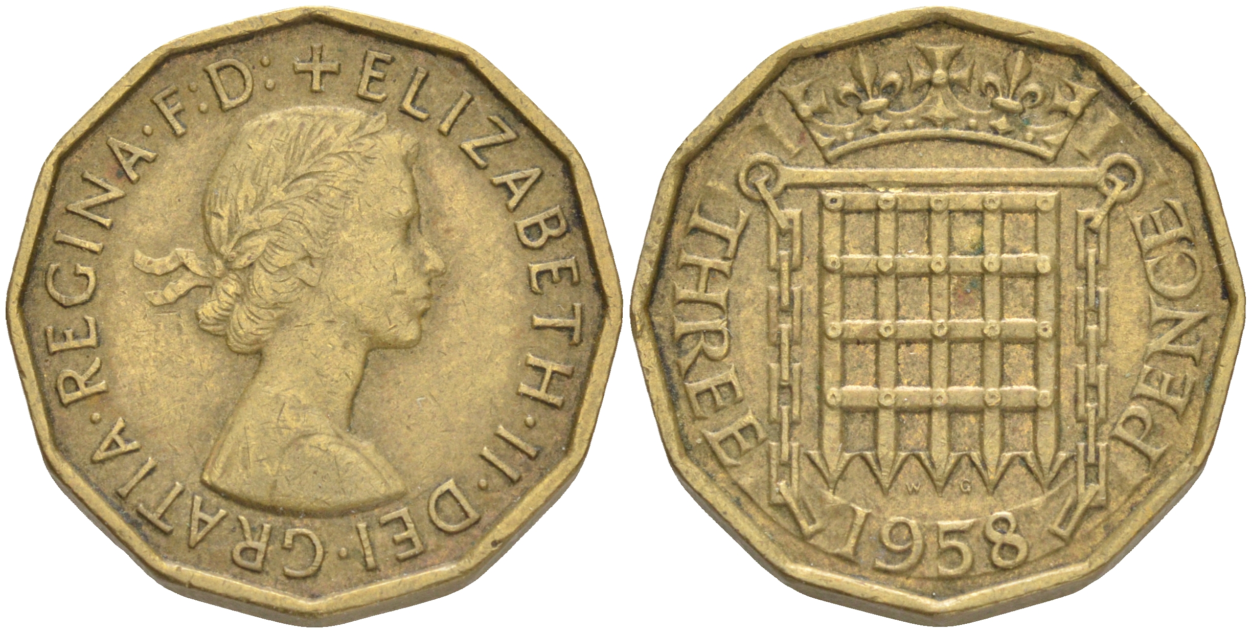 Великобритания 3 пенса 1958 Елизавета II (1952-2022) KM 900, Spink 4153 никель латунь 4556-456