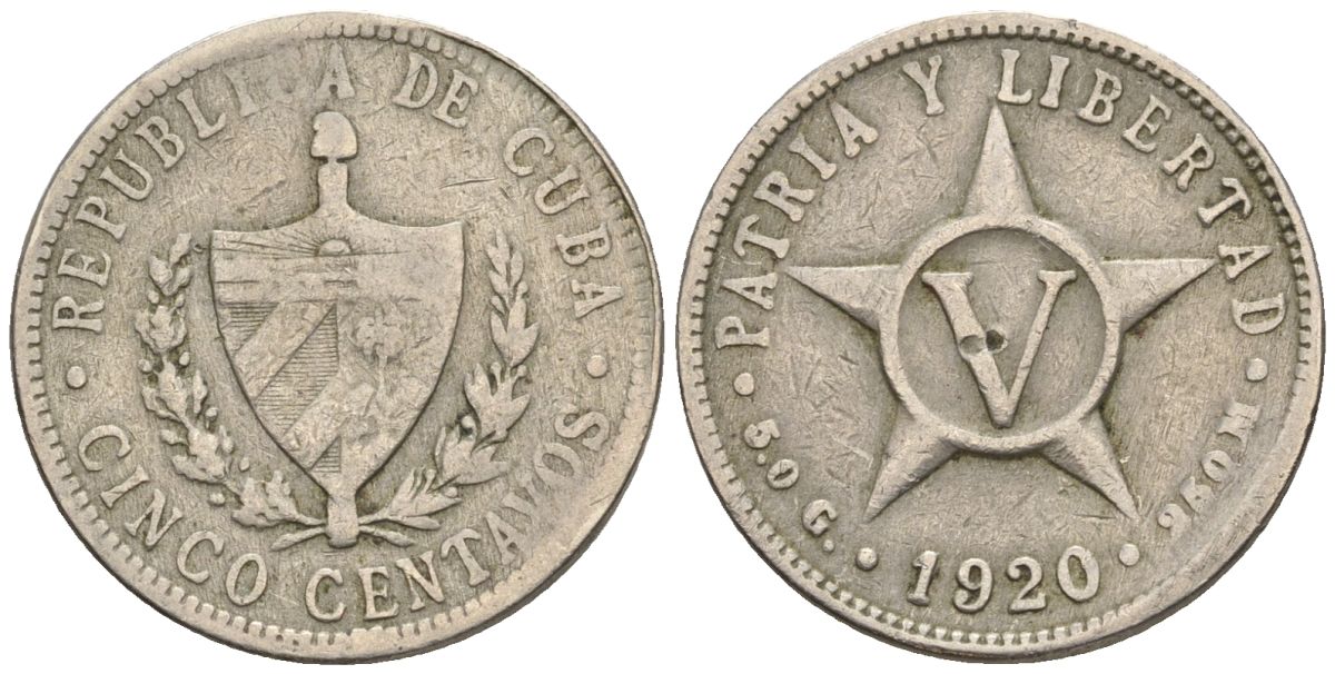 Куба 5 сентаво 1920 звезда, республика (1915-1961) KM 11.1, Y 5, Schoen 5 медно-никель 4116-231