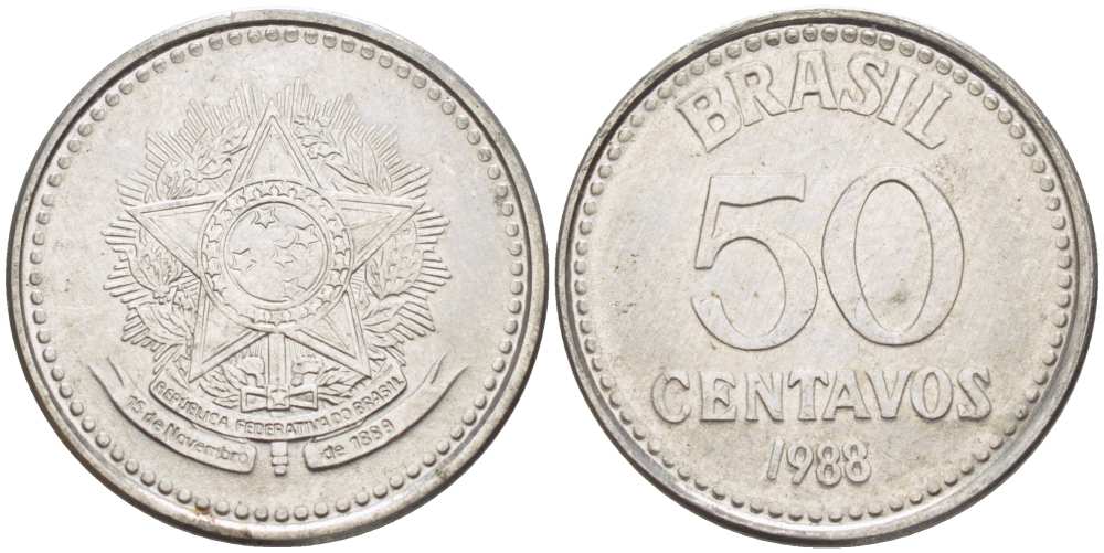 Бразилия 50 сентаво 1988 реформа 1986-1989 KM 604 нержавеющая сталь 3334-447