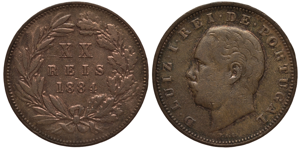 Португалия 20 рейс 1884 Луиш (Людовик) I (1861-1889) KM 527 бронза    1530-1132