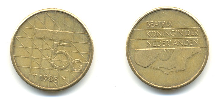 Нидерланды 5 гульденов 1988 Беатрикс (1980-2013) KM 210 никель плакированный бронзой 84-1025