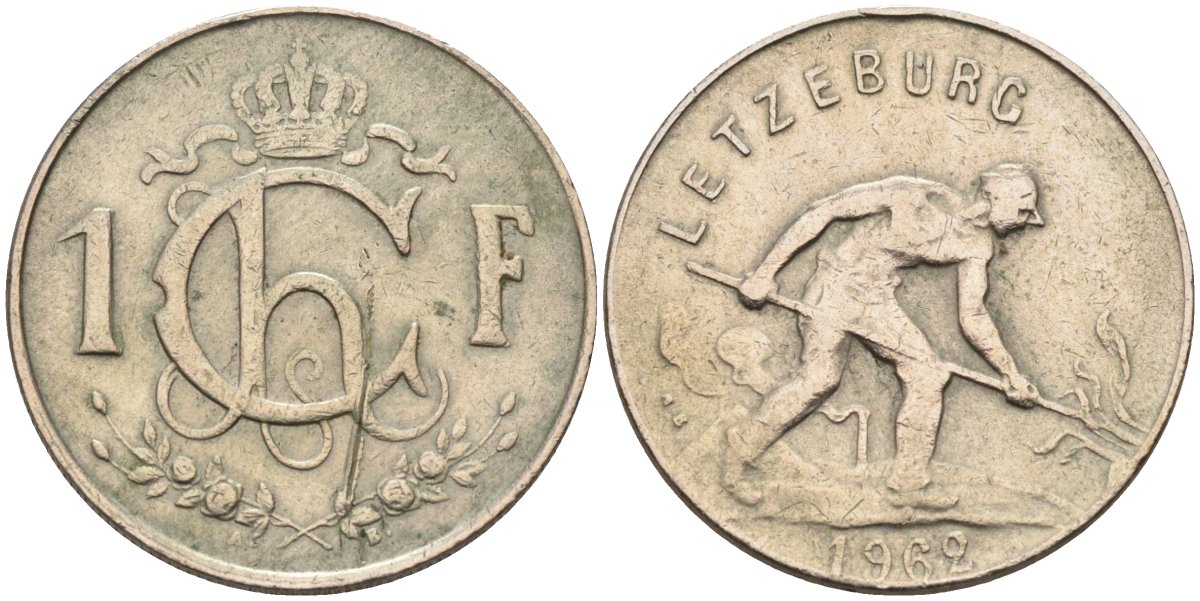 Люксембург 1 франк 1962 сталевар KM 46.2 медно-никель 4584-456