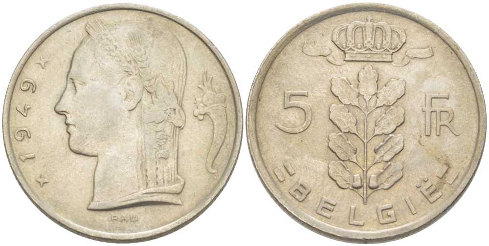 БЕЛЬГИЯ 5 ФРАНКОВ 1949 BELGIE, ЛЕОПОЛЬД III (1934-1950) KM 135.1 медно-никель 202-1146