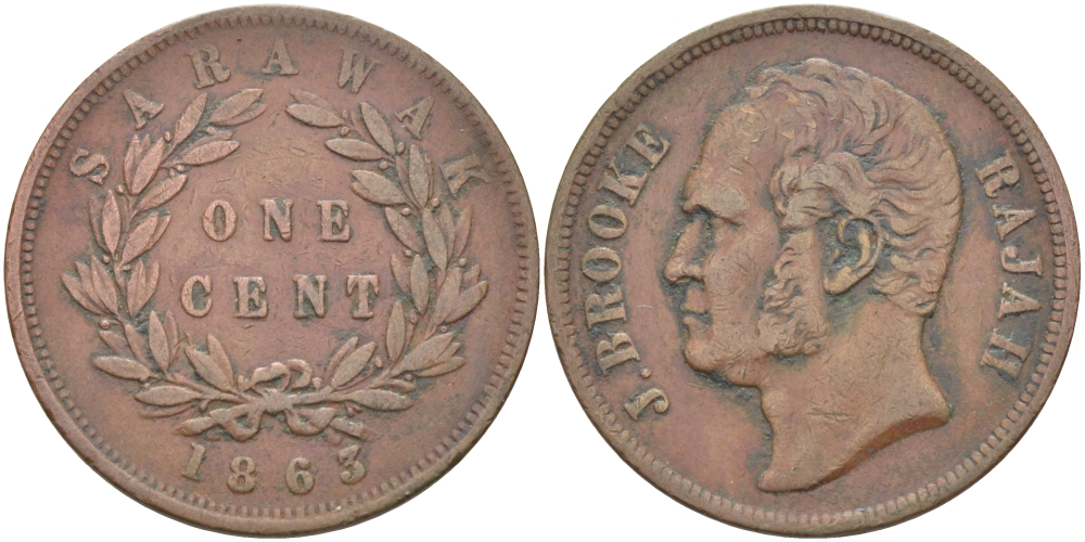 Саравак 1 цент 1863 раджа Джеймс Брук, Королевство Саравак (1846 - 1946) KM 3 медь 4044-842