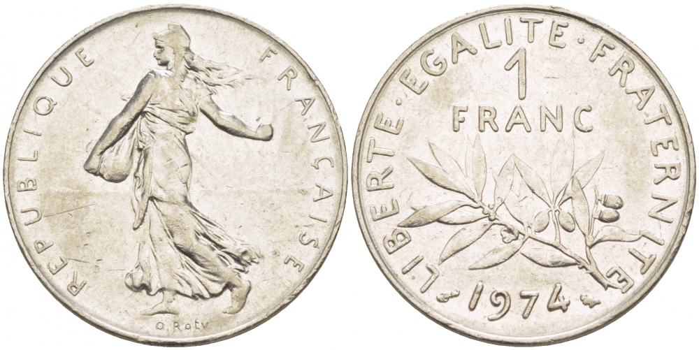 ФРАНЦИЯ 1 ФРАНК 1974 СЕЯТЕЛЬ KM 925.1 никель 4402-1123