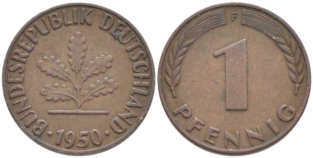 ФРГ 1 ПФЕННИГ 1950 F KM 105, J. 380 сталь плакированная медью 116-352