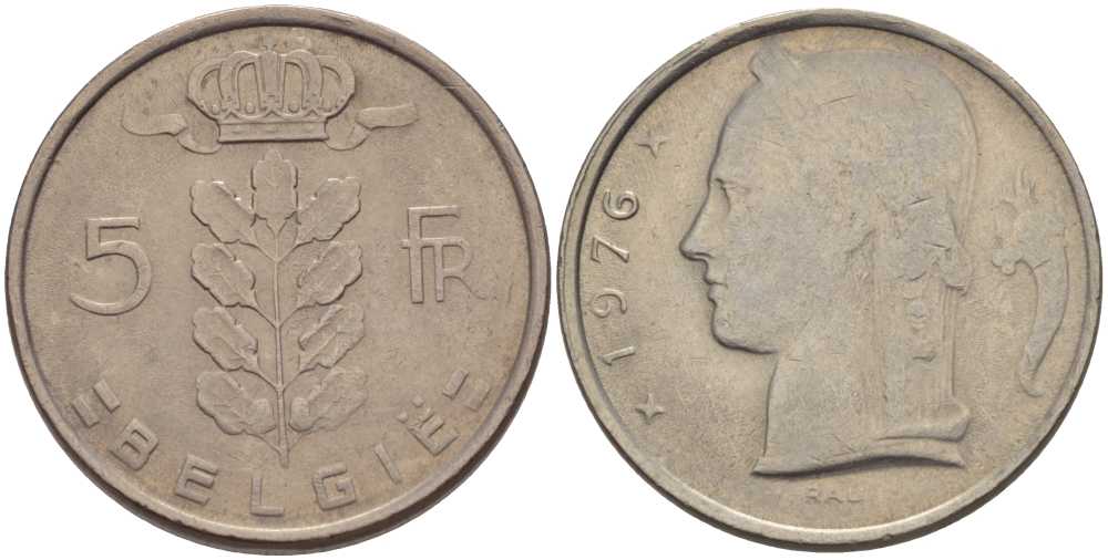 БЕЛЬГИЯ 5 ФРАНКОВ 1976 BELGIE, БОДУЭН I (1951-1993) KM 135.1 медно-никель 213-432