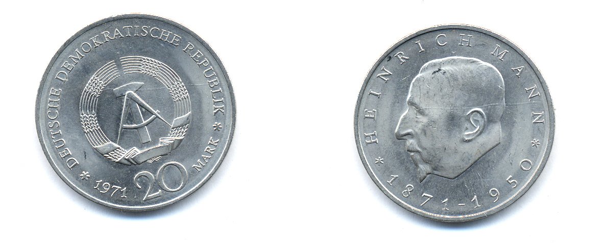 ГДР 20 марок 1971 А, 100 лет со дня рождения Генриха Манна (1871-1950) KM 33, J. 1531 медно-никель 3333-324