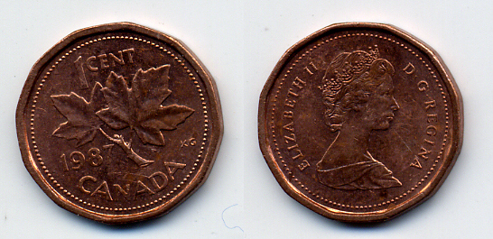 Канада 1 цент 1987 Елизавета II (1952-2022), кленовый лист KM 132 бронза 54-116