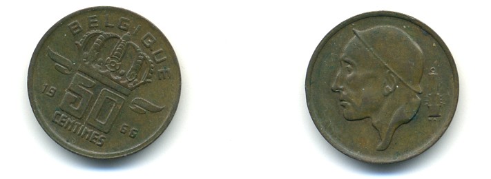 БЕЛЬГИЯ 50 САНТИМОВ 1955 BELGIQUE KM 144 бронза 80-935