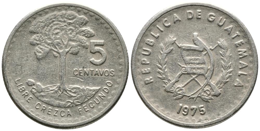 Гватемала 5 сентаво 1975 хлопковое дерево KM 270 медно-никель 4549-734