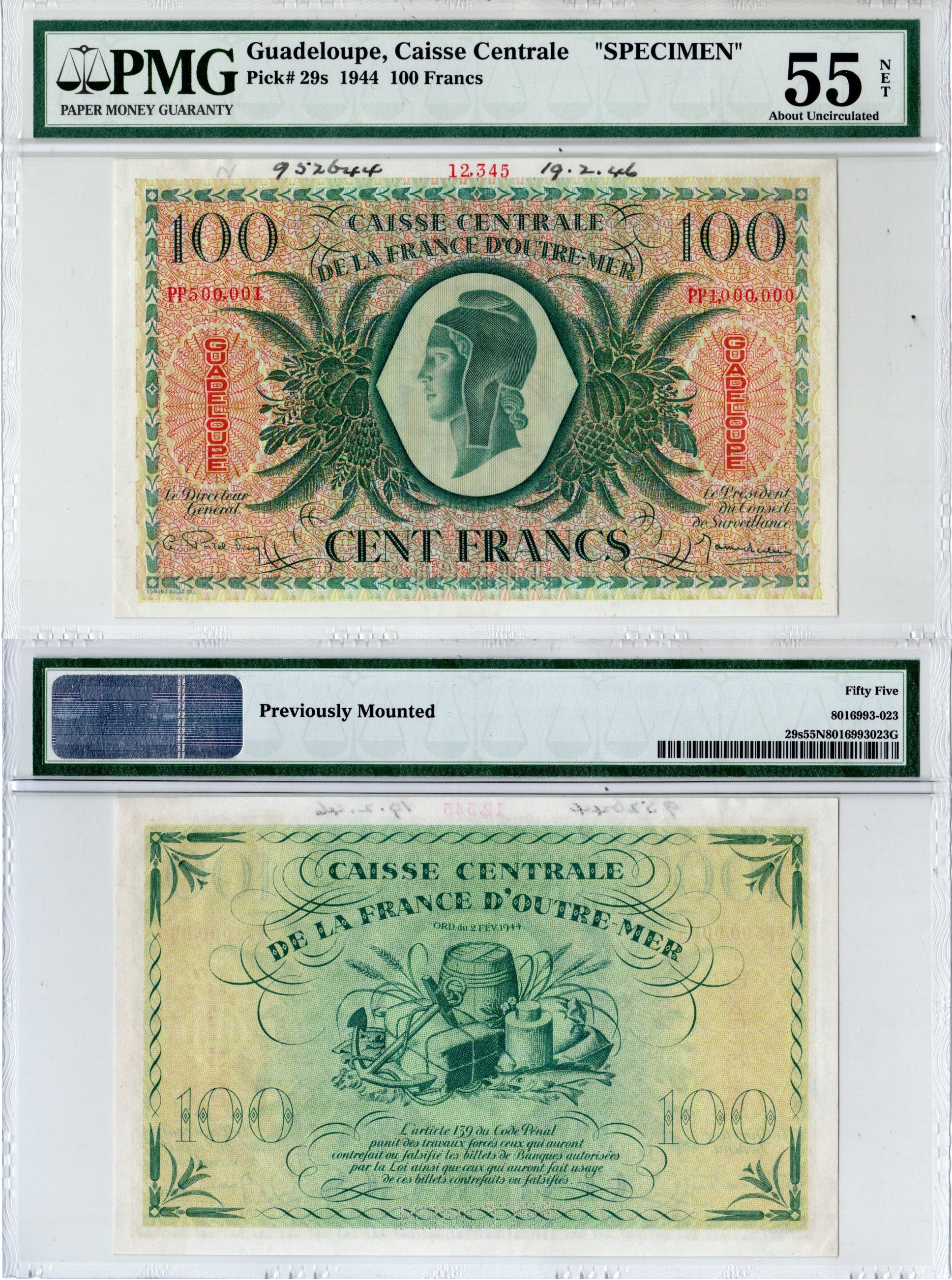 Гваделупа 100 франков 1944 SPECIMEN - образец в слабе PMG 55 (about Uncirculated). Свобода, товары торговли Pick 29 s  бумага  aUNC 452-3-26