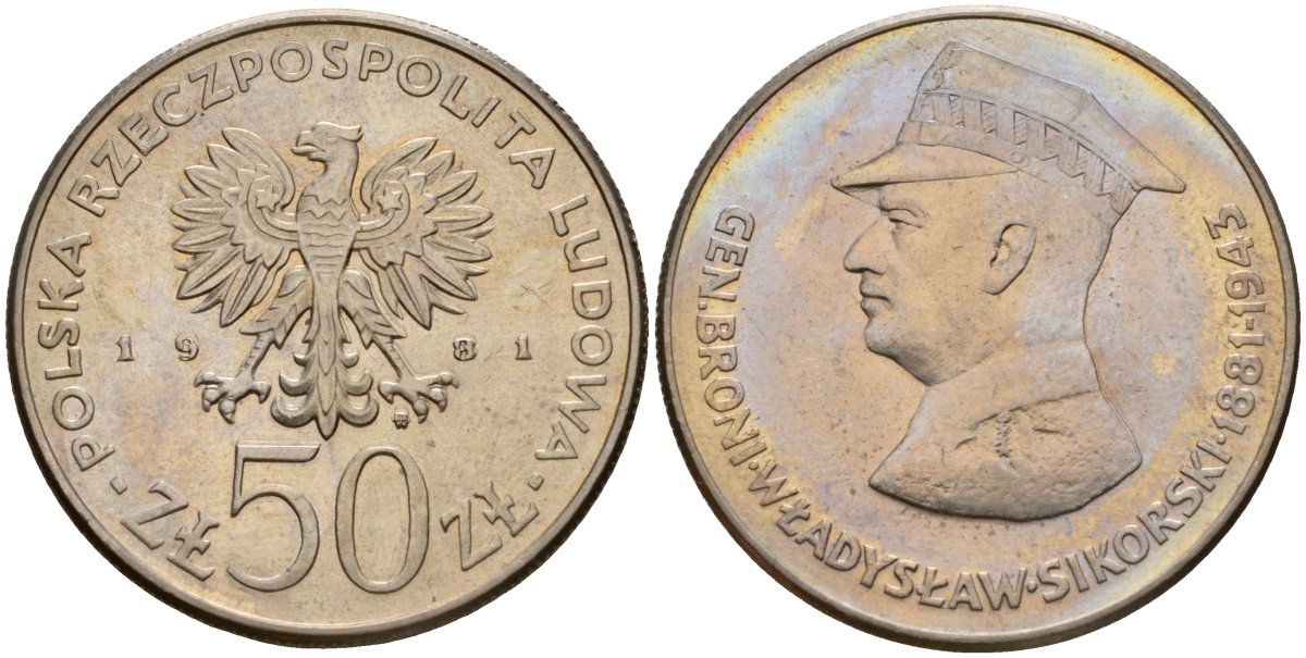 Польша 50 злотых 1981 MW, Военачальники Второй мировой войны - Владислав Сикорский Y 122 медно-никель UNC 81-645