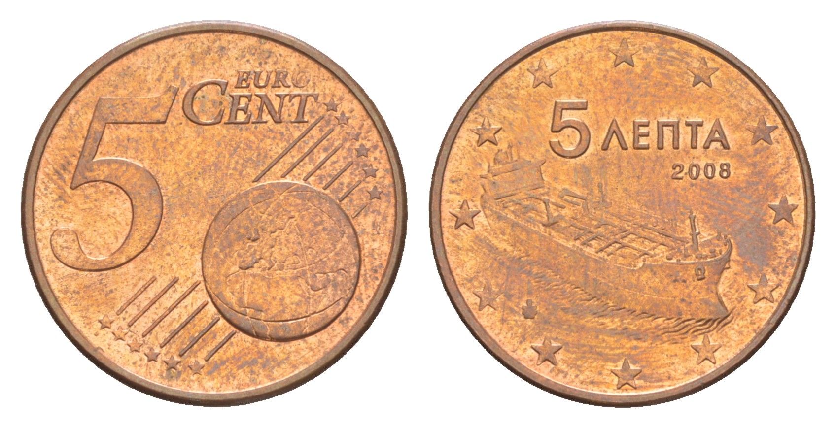 Греция 5 евроцентов 2008 KM 183 сталь плакированная медью UNC 4649-1234