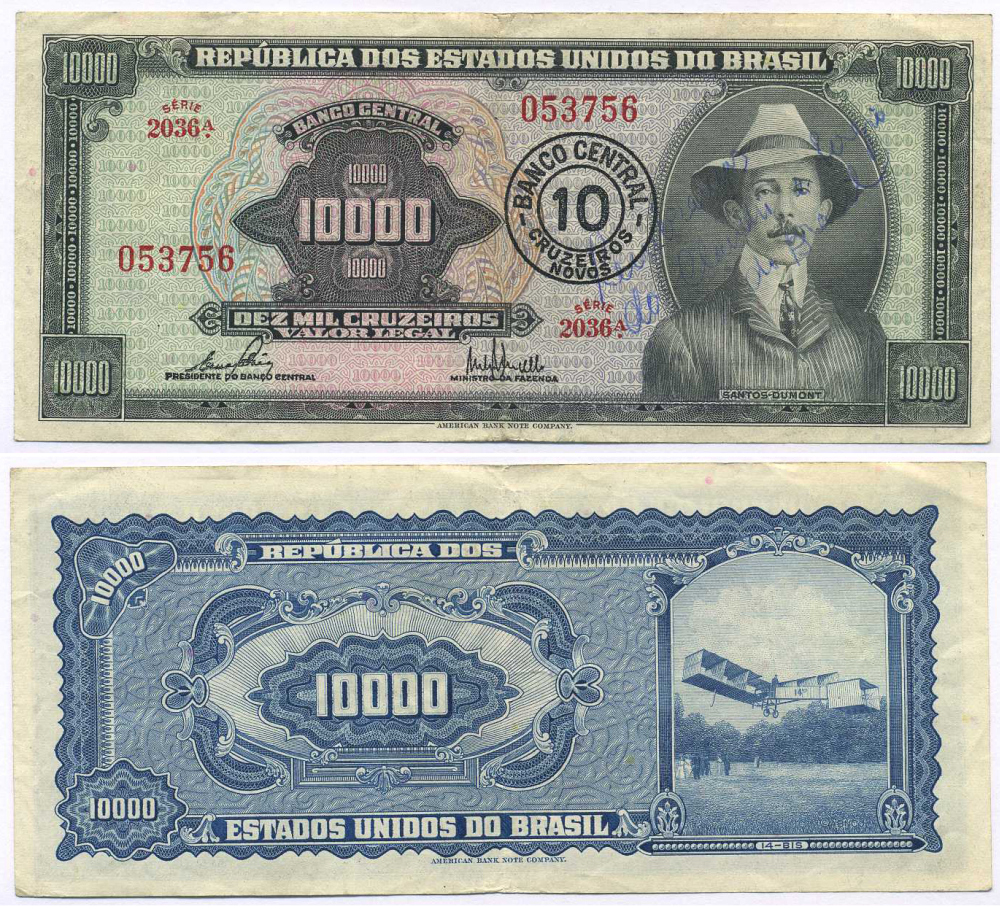 БРАЗИЛИЯ 10 КРУЗЕЙРО 1967 НАДПЕЧАТКА НА 10000 КРУЗЕЙРО, СЕРИЯ 2036 Pick 189c бумага VF 8595-26-4-2