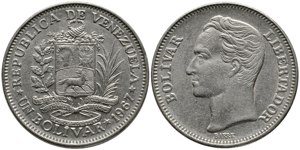 Венесуэла 1 боливар 1967 Симон Боливар KM 42 никель 3336-255