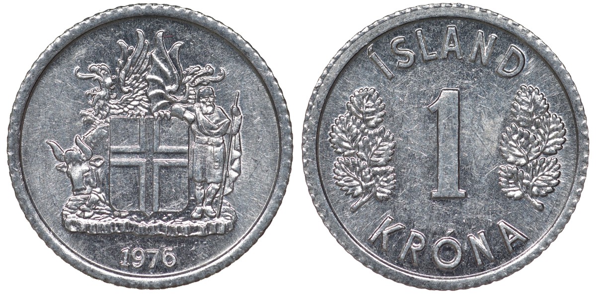 Исландия 1 крона 1976 KM 23 алюминий 4124-456