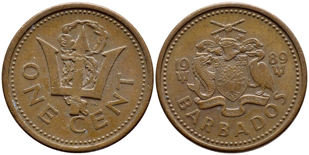 Барбадос 1 цент 1989 сломанный трезубец Британии KM 10 бронза 4396-1265