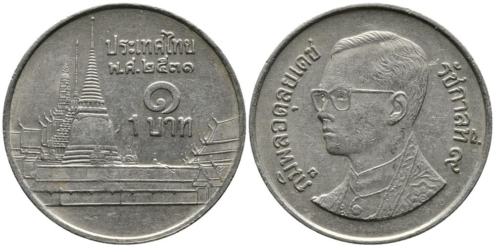 Таиланд 1 бат 1988 BE2531, Рама IX (1946-2016), королевский дворец KM 183 медно-никель 3336-426