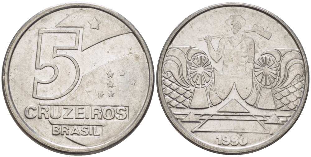 Бразилия 5 крузейро 1990 фермер KM 618.1 нержавеющая сталь 3457-724