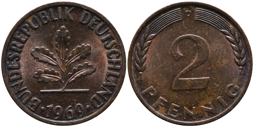 ФРГ 2 пфеннига 1969 D KM 106а, J.381а сталь плакированная медью 99-161