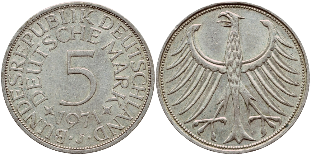 ФРГ 5 МАРОК 1971 J, KM 112.1, J. 387 серебро 1522-323