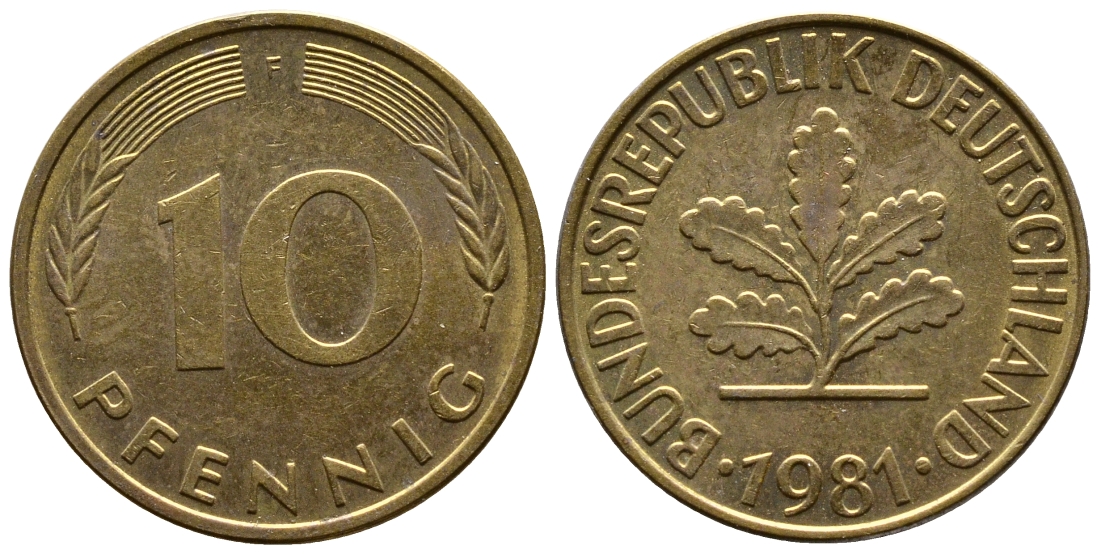 ФРГ 10 ПФЕННИГОВ 1981 F KM 108, J. 383 сталь плакированная латунью 56-1014