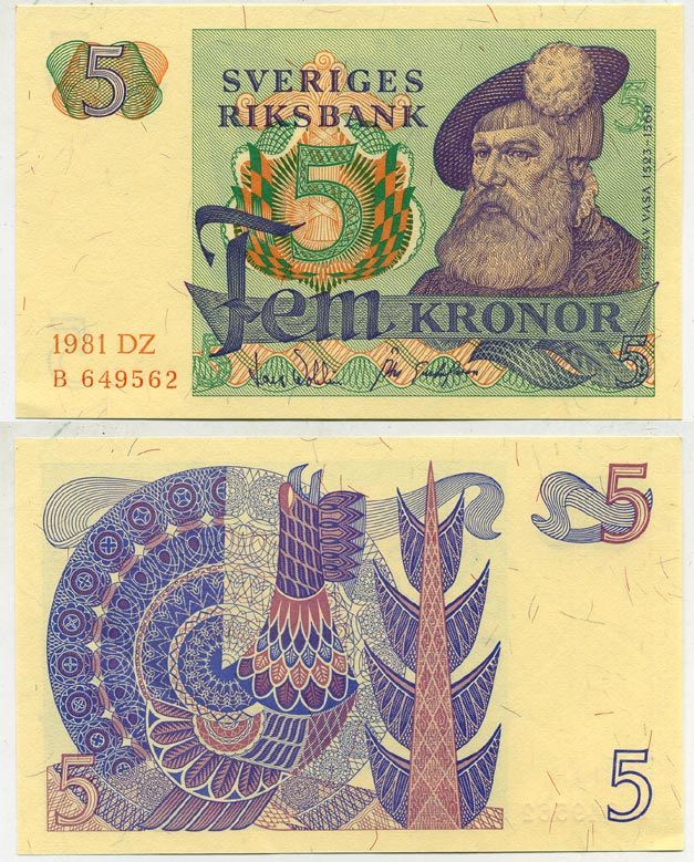 Швеция 5 крон 1981 DZ, Густав I Ваза Pick 51d бумага aUNC 444-15-2