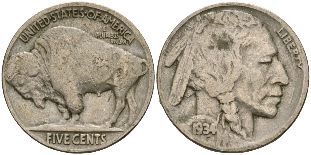 США 5 центов 1934 индеец, бизон KM 134 медно-никель 4525-1046