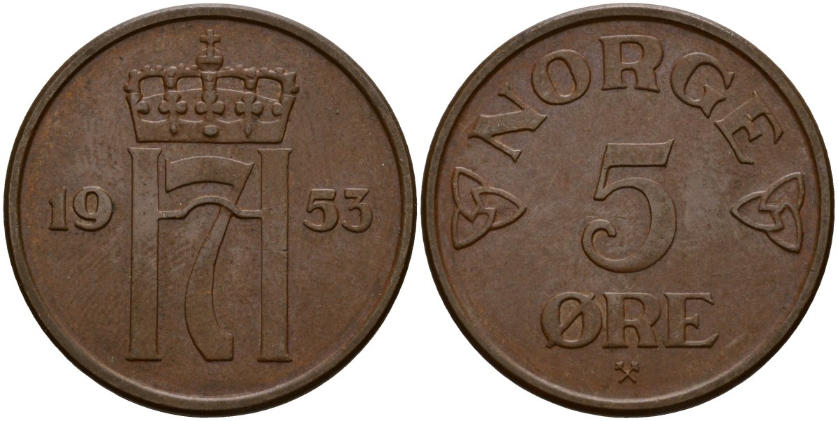 Норвегия 5 эре 1953 Хокон VII (1906 - 1957) KM 400 бронза 4156-246
