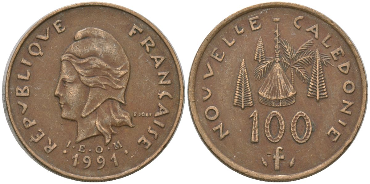 Французская Новая Каледония 100 франков 1991 хижина среди сосен и пальм, (IEOM) KM 15, Schoen 16, Lec 136 никель латунь 4140-533