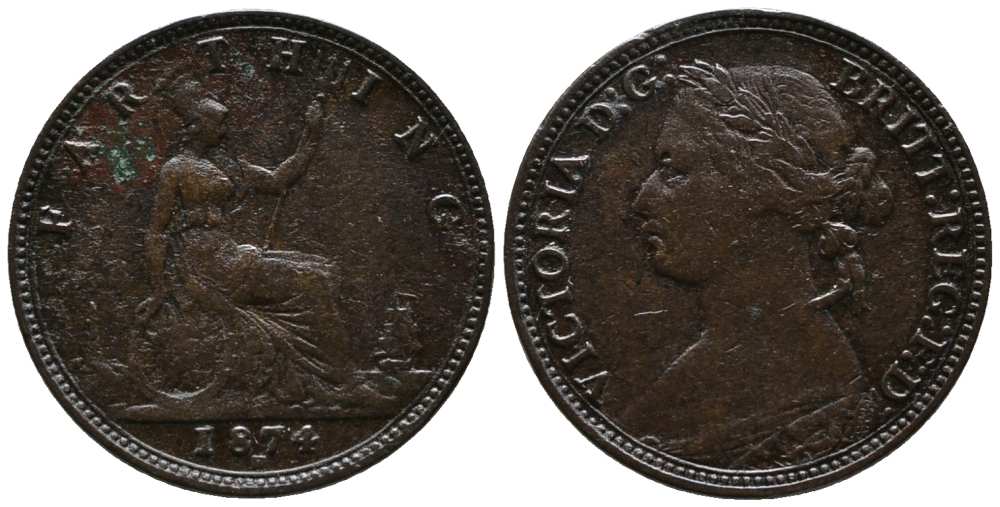 Великобритания 1 фартинг 1874 Н, Виктория (1837-1901) KM 753, Spink 3959 бронза 1518-643