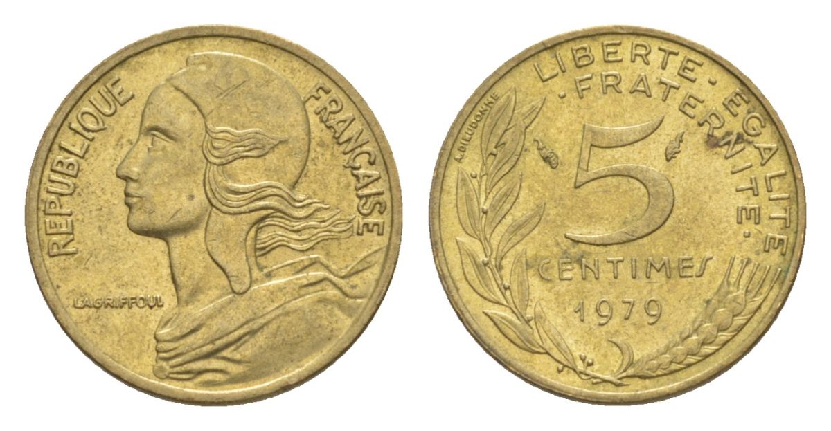 Франция 5 сантимов 1979 тип Morlon KM 933, Le Franc 125.15 алюминиевая бронза UNC 4630-334