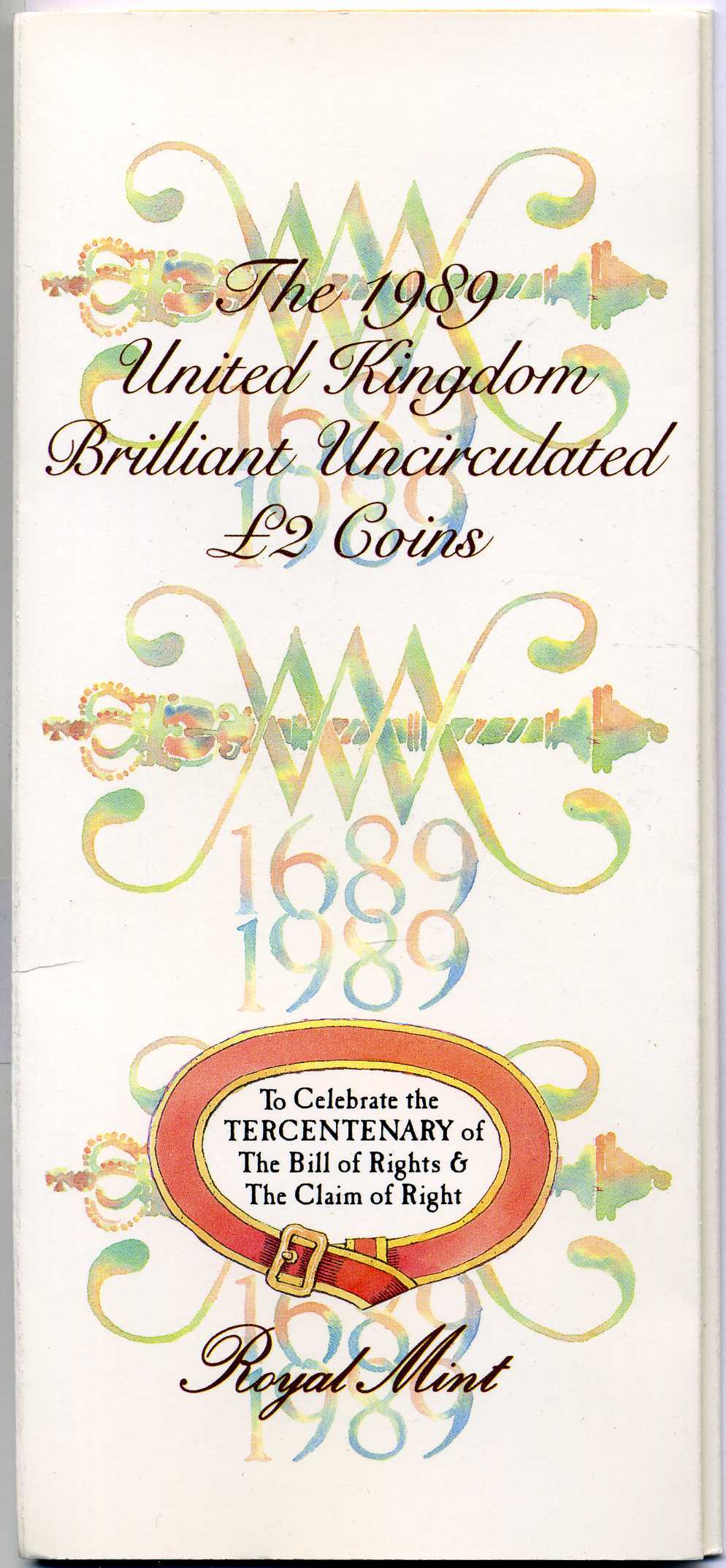 Великобритания набор из 2 монет по 2 доллара 1989 300 лет Биллю о правах, 300 лет Праву престолонаследования, в оригинальном картонном буклете KM 960, 961, Spink никель латунь BUNC 5-4-4-31
