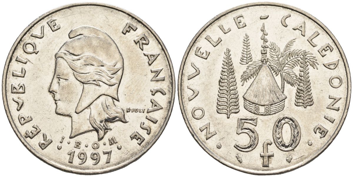 Французская Новая Каледония 50 франков 1997 хижина среди сосен и пальм, (IEOM) KM 13, Schoen 15, Lec 121 никель 4123-421